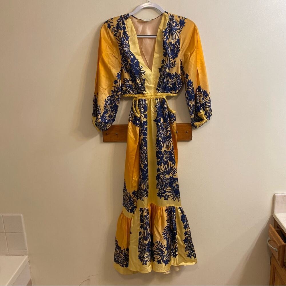 Sandro Willow Maxi Dress Yellow Blue Floral Pullover Boho Artsy Women’s Sz 2 - Picture 12 of 16